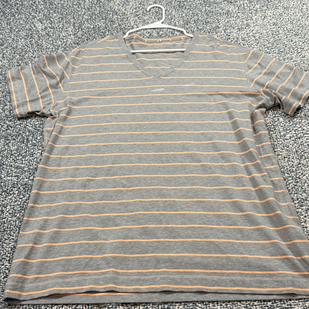 Lululemon Women's V-Neck Short Sleeve Striped Tee Grey Orange XL